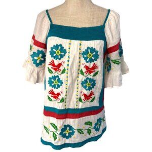 Seen Worn Kept Vintage-Style Floral & Bird Embroidered Peasant Blouse
